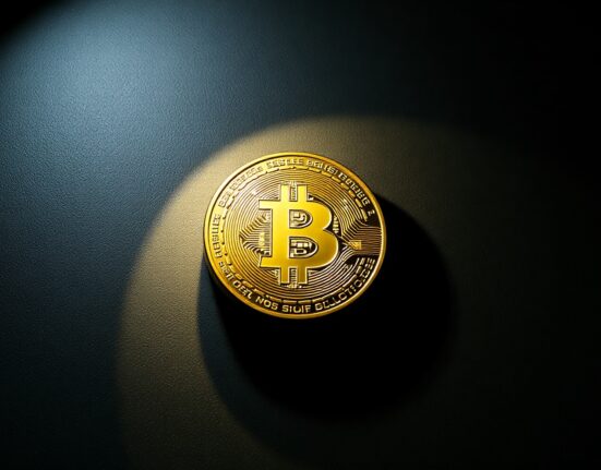 Bitcoin coin in dramatic lighting representing market capitulation and selling pressure