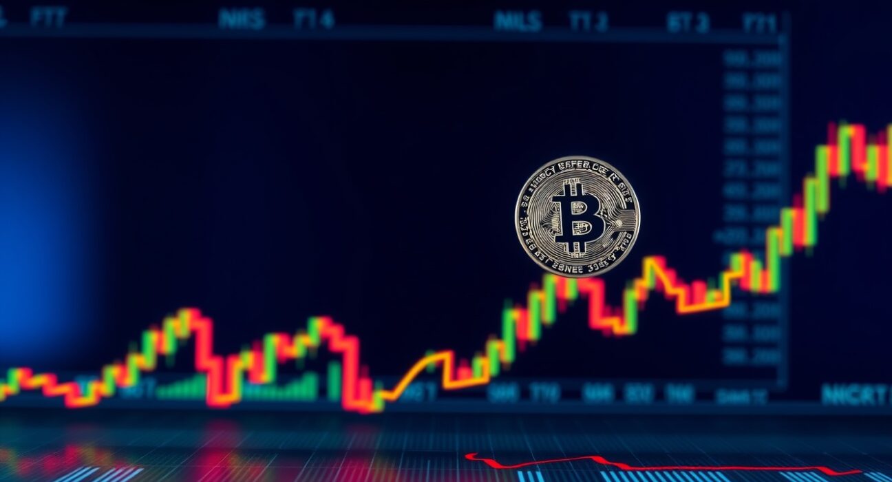 Bitcoin coin balanced on a downward graph line representing the critical $80.3K support level for short-term holders.