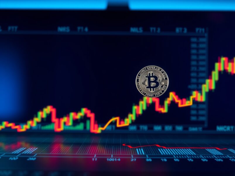 Bitcoin coin balanced on a downward graph line representing the critical $80.3K support level for short-term holders.