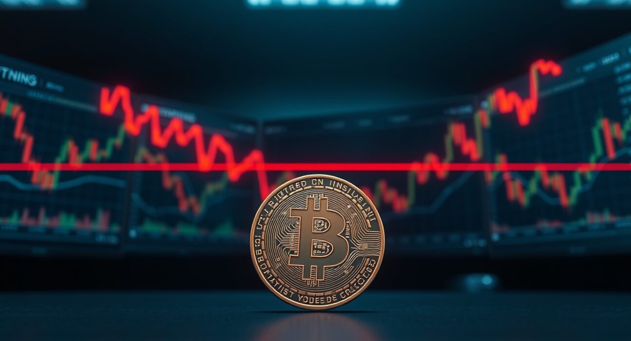 Bitcoin coin with glowing resistance barrier on dark trading floor background