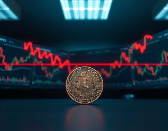 Bitcoin coin with glowing resistance barrier on dark trading floor background
