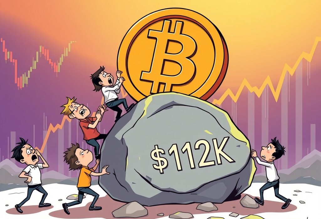 A cartoon illustration depicting Bitcoin short-term holders actively defending the $112,000 BTC price level, symbolizing strong market support.
