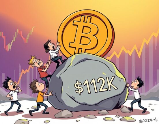 A cartoon illustration depicting Bitcoin short-term holders actively defending the $112,000 BTC price level, symbolizing strong market support.