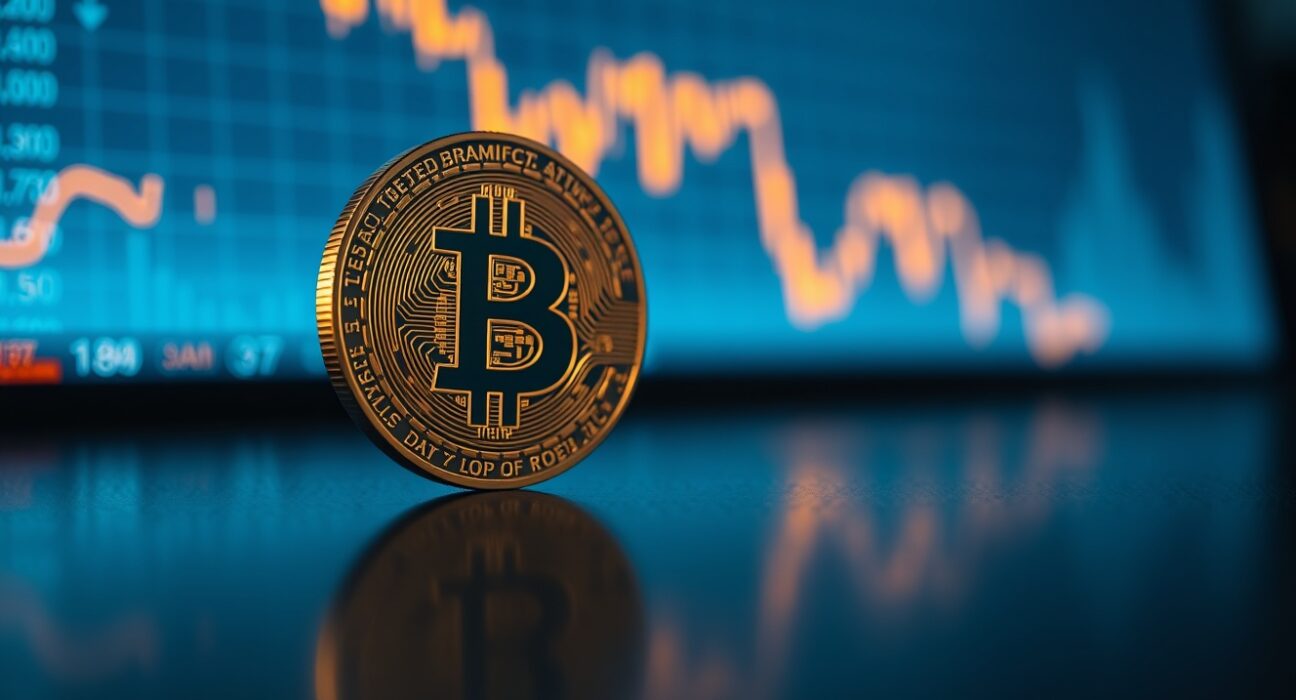 Bitcoin coin with a digital chart showing loss pressure dropping to zero in the background