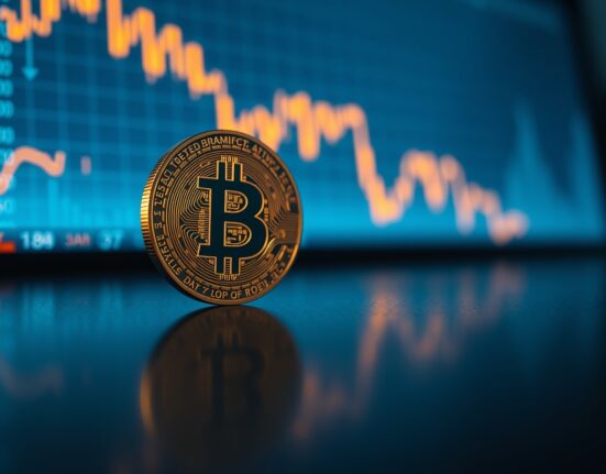 Bitcoin coin with a digital chart showing loss pressure dropping to zero in the background