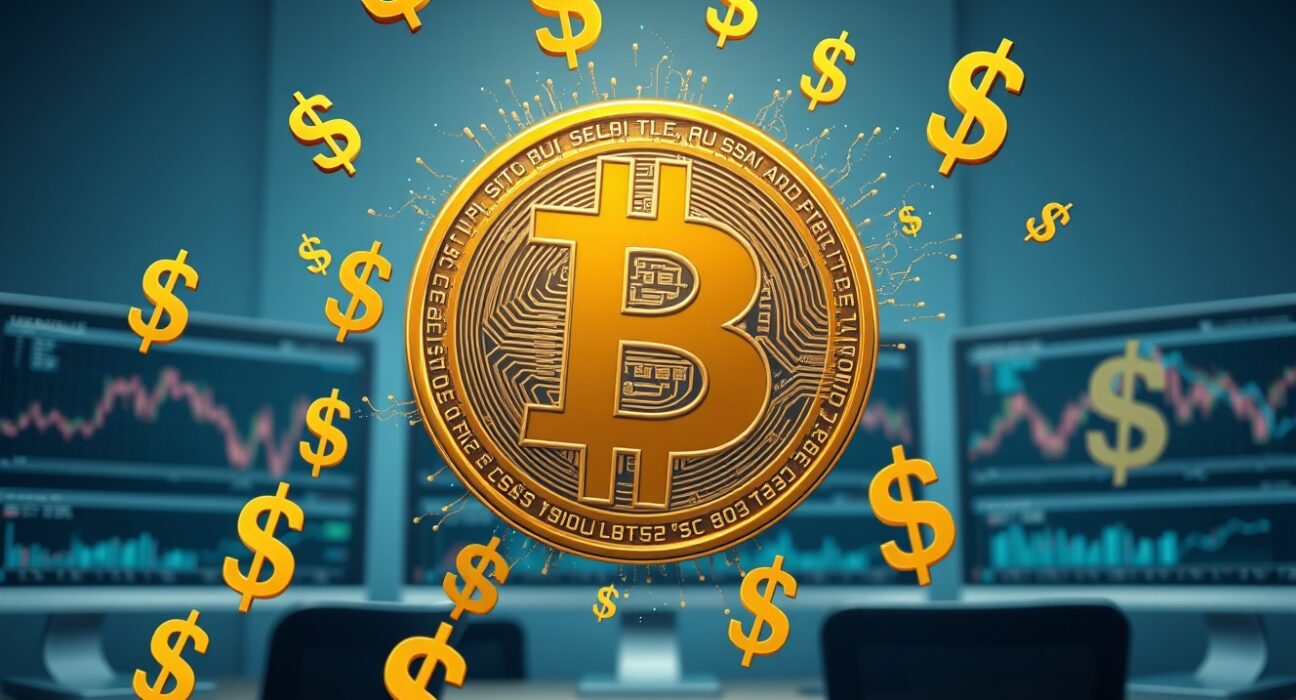 Bitcoin symbol transforming into profit indicators on financial dashboard representing short-term holder profit-taking.