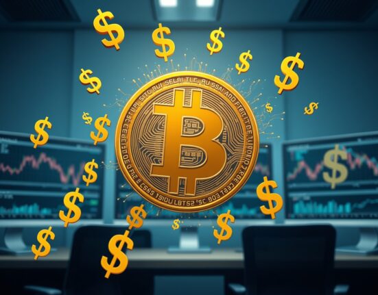 Bitcoin symbol transforming into profit indicators on financial dashboard representing short-term holder profit-taking.