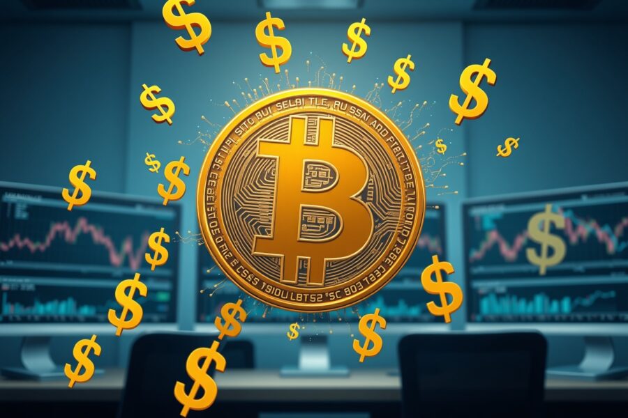Bitcoin symbol transforming into profit indicators on financial dashboard representing short-term holder profit-taking.