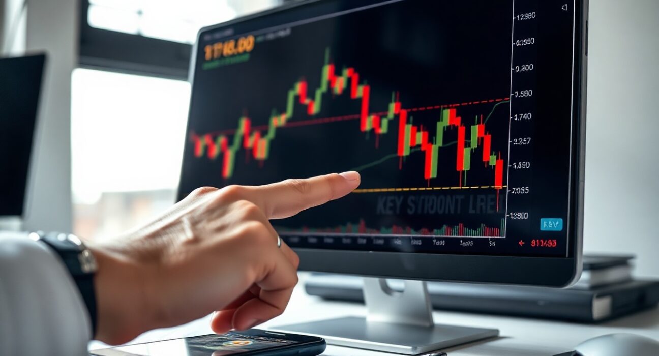 Bitcoin price chart showing decline on a screen, with trader analyzing support level