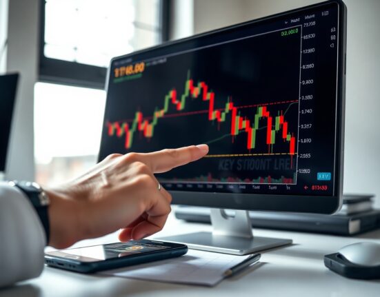 Bitcoin price chart showing decline on a screen, with trader analyzing support level