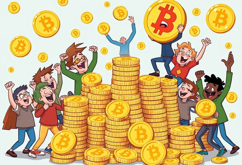 A cartoon illustration showing Bitcoin Short-Term Holders actively accumulating BTC, signifying strong investor sentiment.