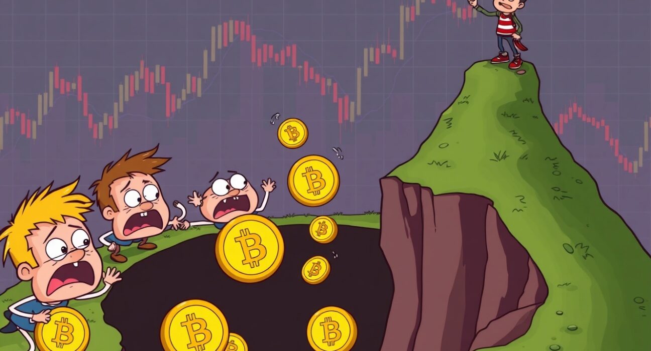 Cartoon illustration showing Bitcoin short-term holders capitulating by selling coins during market decline