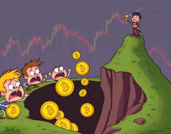 Cartoon illustration showing Bitcoin short-term holders capitulating by selling coins during market decline