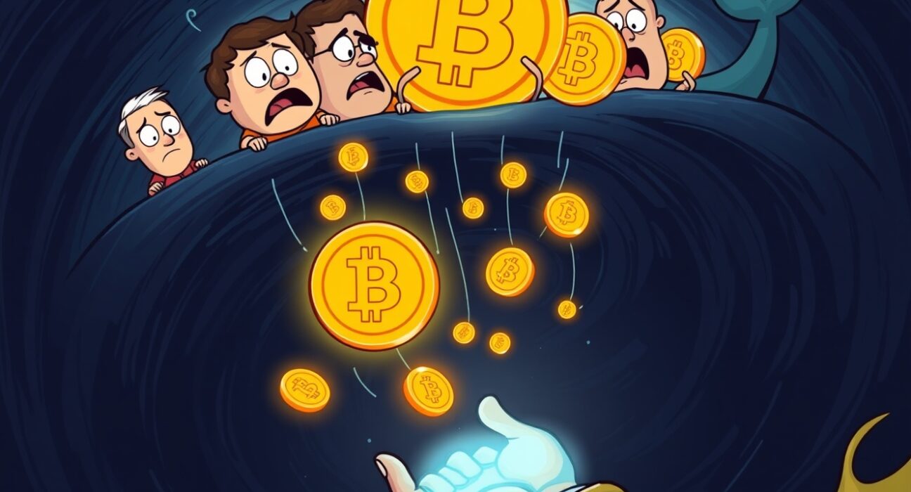 A cartoon showing worried Bitcoin short-term holders and whales dropping coins, illustrating the current market sentiment of selling at a loss.