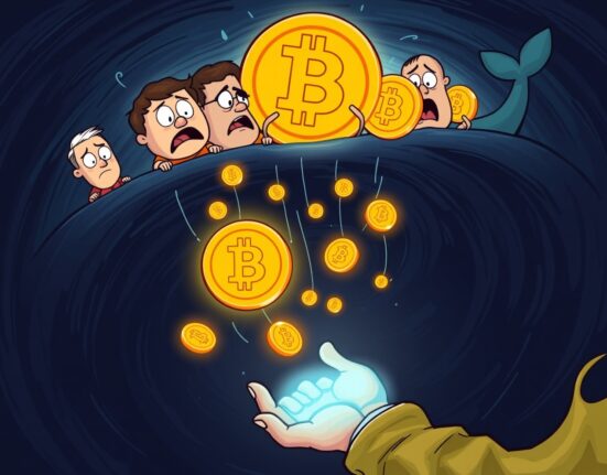 A cartoon showing worried Bitcoin short-term holders and whales dropping coins, illustrating the current market sentiment of selling at a loss.