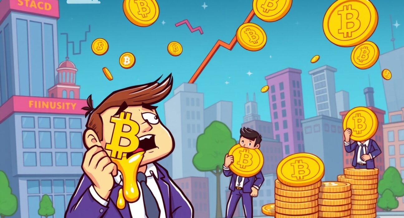 Cartoon illustration of distressed Bitcoin short-term holders facing maximum losses during market downturn