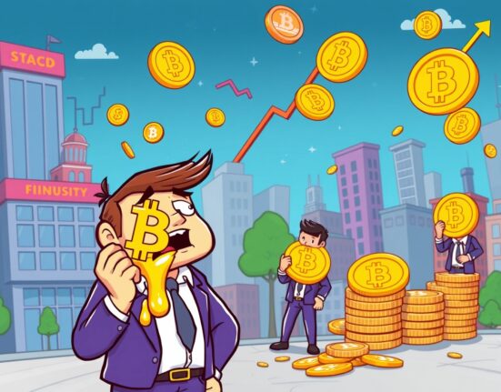 Cartoon illustration of distressed Bitcoin short-term holders facing maximum losses during market downturn