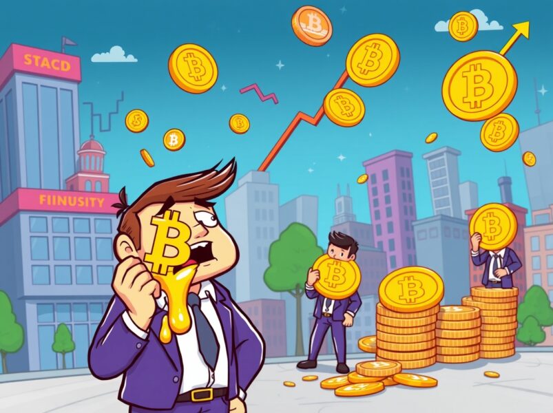Cartoon illustration of distressed Bitcoin short-term holders facing maximum losses during market downturn