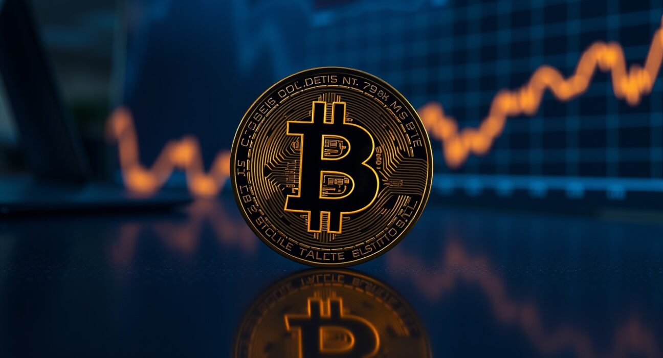 Bitcoin coin on a reflective surface with a blurred market graph in the background