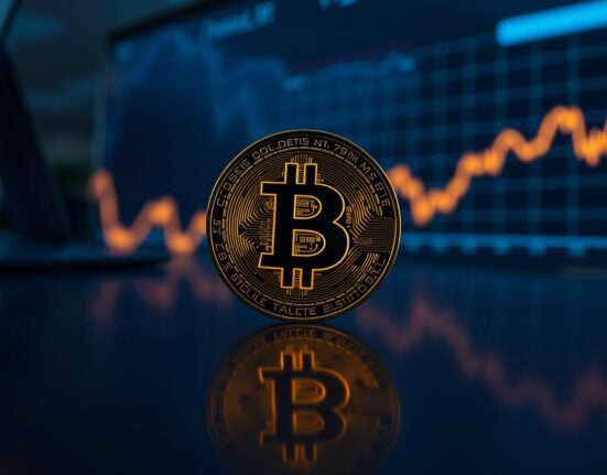 Bitcoin coin on a reflective surface with a blurred market graph in the background