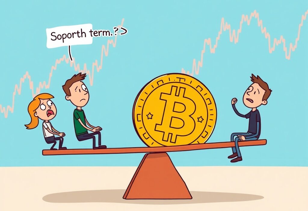 A cartoon illustration showing Bitcoin short-term holders potentially causing a market pullback, with a large Bitcoin coin on a seesaw.