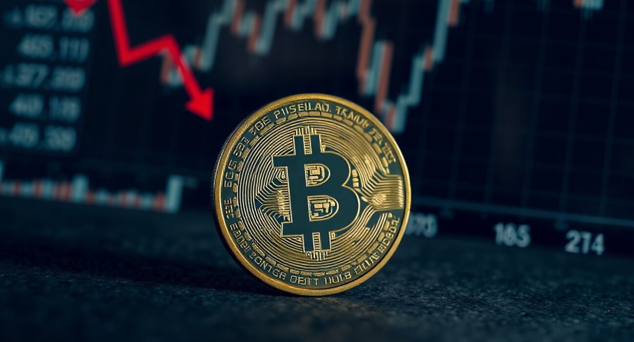 Bitcoin coin on dark surface with red shadow indicating financial pressure