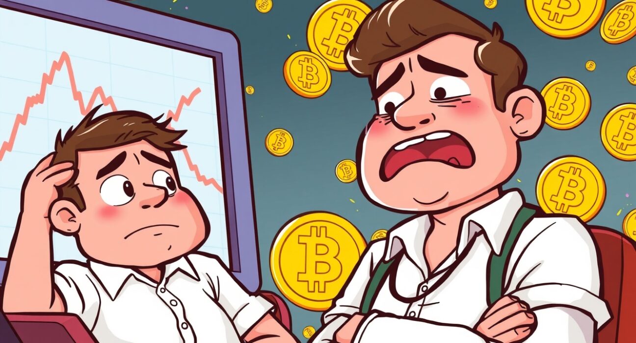Bitcoin short-term holders watching market downturn with concerned expressions