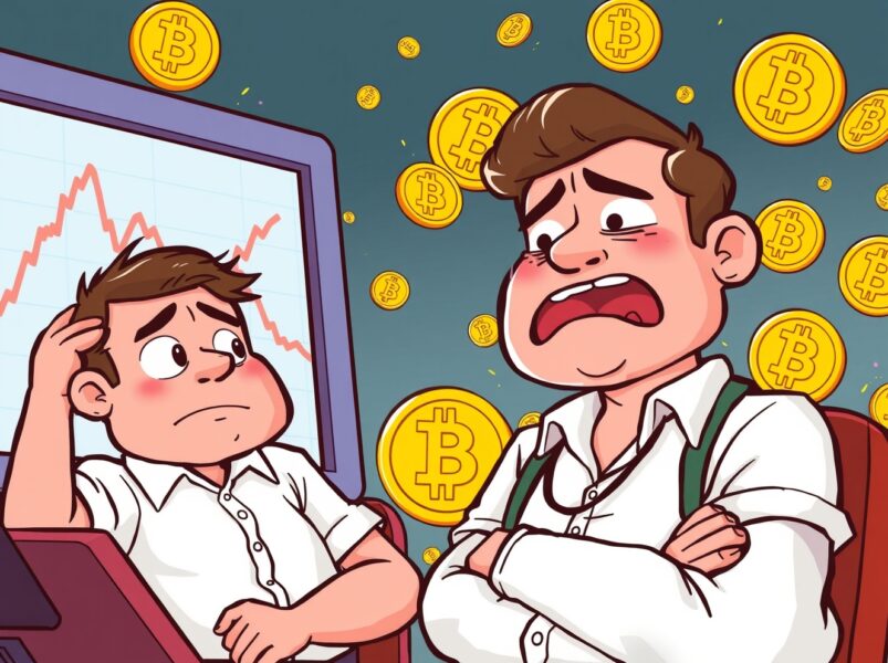 Bitcoin short-term holders watching market downturn with concerned expressions