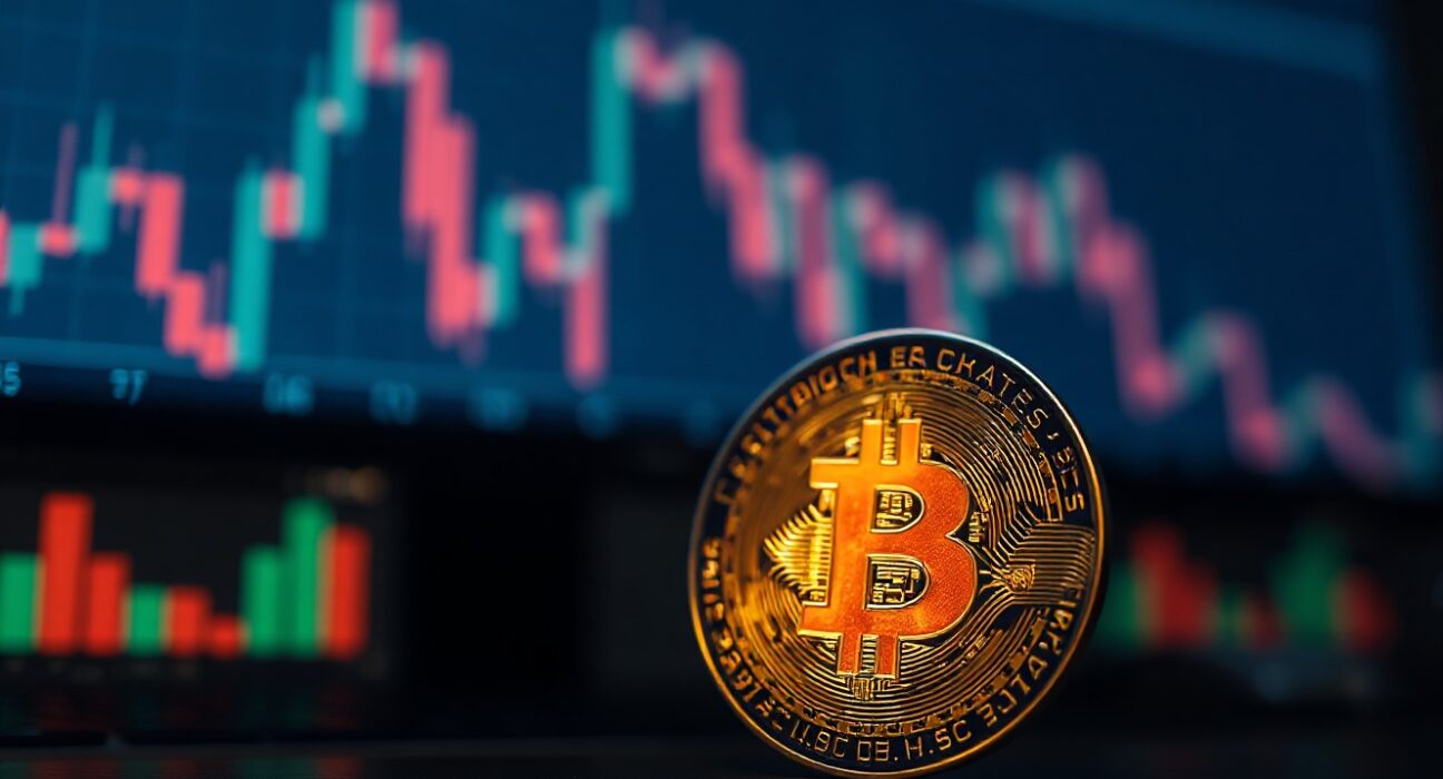 Bitcoin coin in foreground with blurred trading chart background