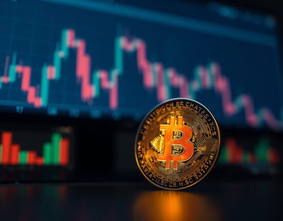 Bitcoin coin in foreground with blurred trading chart background