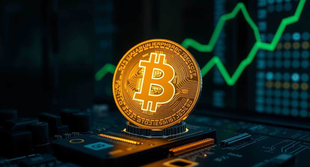 Bitcoin coin on circuit board with upward trend graph, representing bullish price momentum.