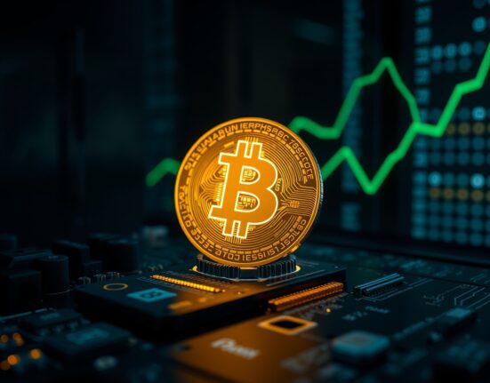 Bitcoin coin on circuit board with upward trend graph, representing bullish price momentum.
