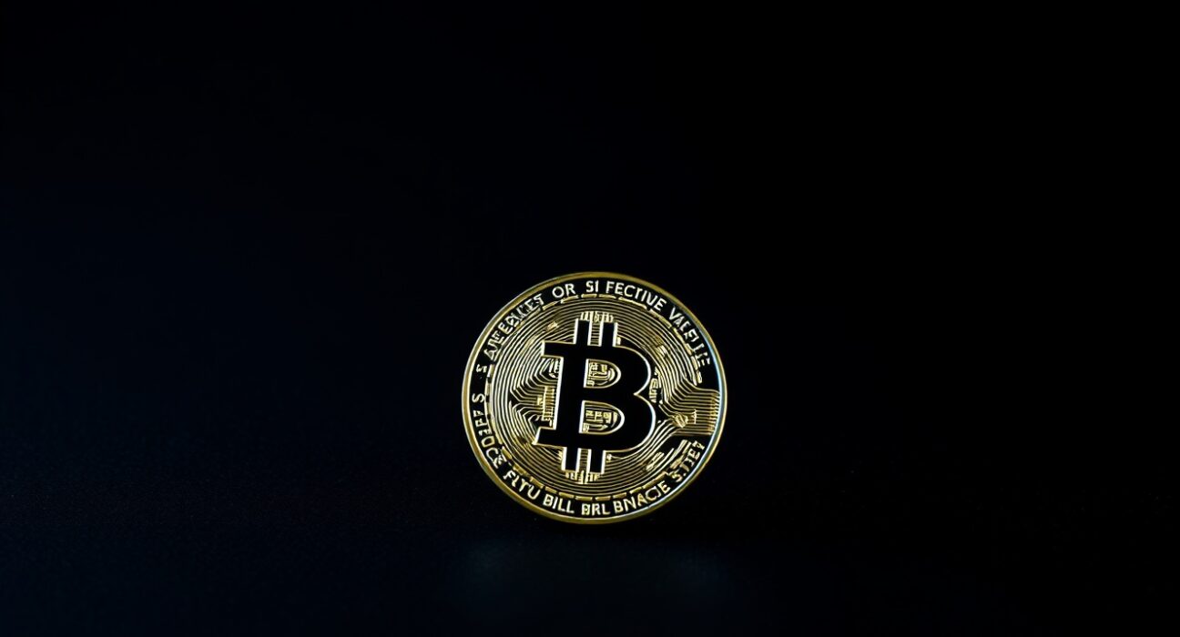 Bitcoin coin with a red shadow suggesting a short-term market top