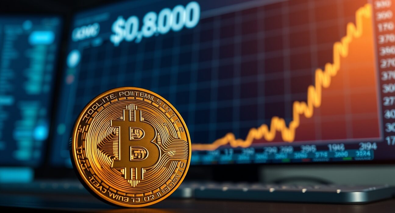 Bitcoin coin in focus with a digital price chart showing $80,000 and a potential downturn.