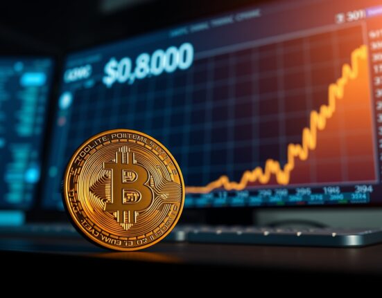 Bitcoin coin in focus with a digital price chart showing $80,000 and a potential downturn.
