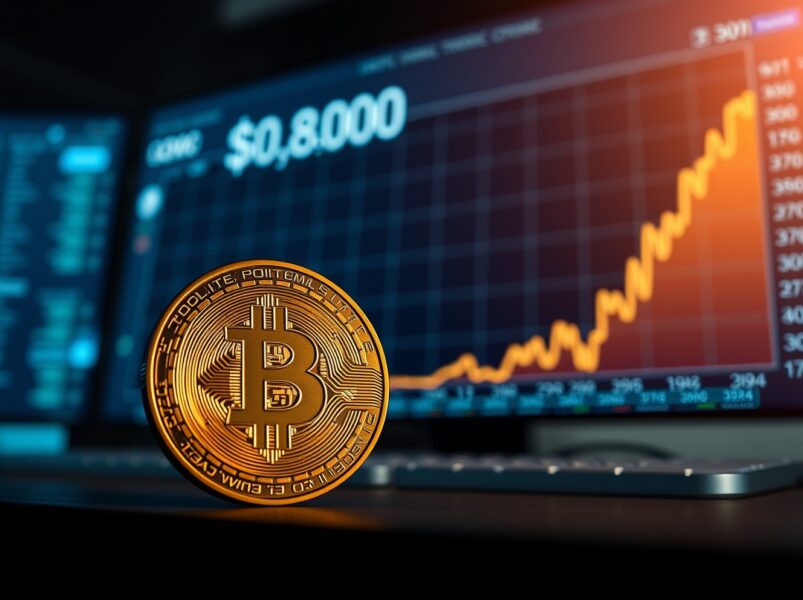 Bitcoin coin in focus with a digital price chart showing $80,000 and a potential downturn.