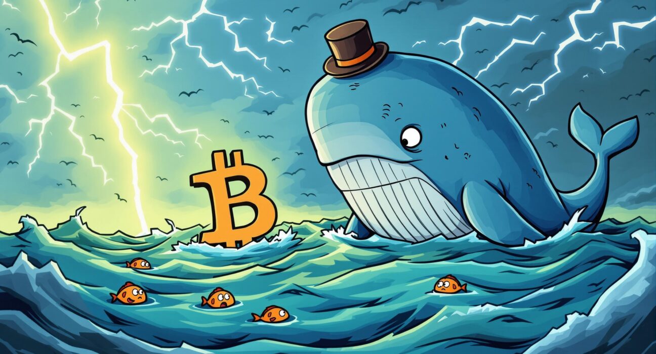 A cartoon whale character observes a turbulent market with a large Bitcoin short position, symbolizing a significant bet against BTC.