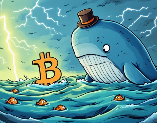 A cartoon whale character observes a turbulent market with a large Bitcoin short position, symbolizing a significant bet against BTC.