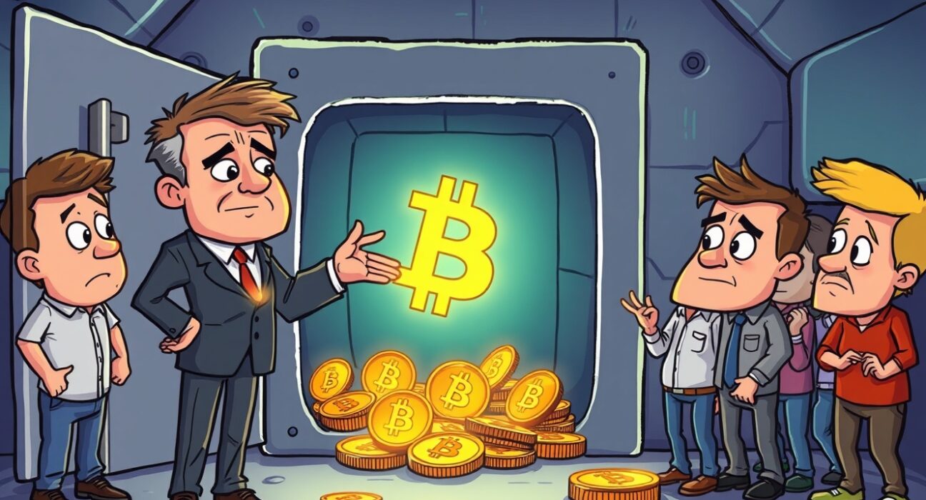 A cartoon illustration depicting the urgent fear of a Bitcoin shortage, with investors realizing the scarcity of the digital asset.