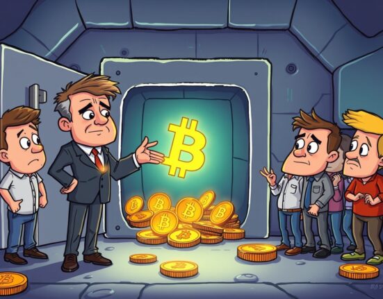 A cartoon illustration depicting the urgent fear of a Bitcoin shortage, with investors realizing the scarcity of the digital asset.