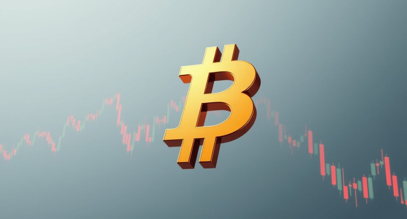 Bitcoin liquidation risk visualized as the BTC symbol over a volatile trading chart.