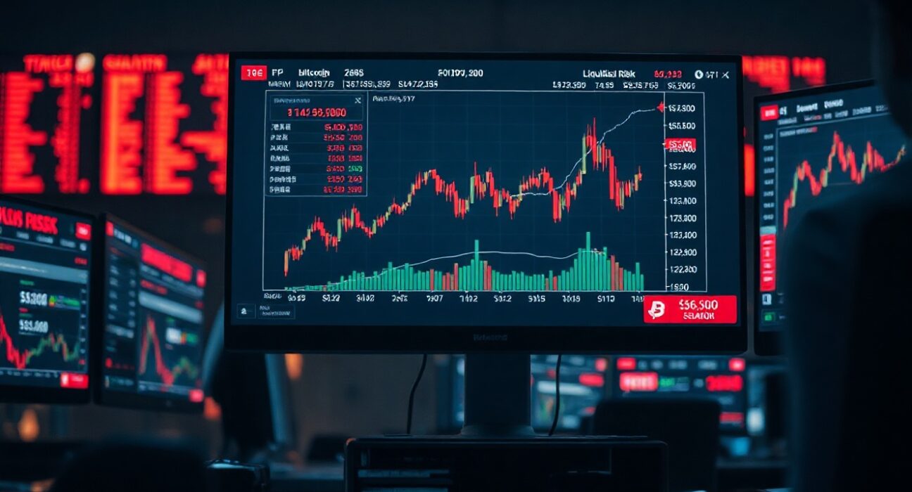 Trading monitor showing Bitcoin price spike with liquidation warning indicators