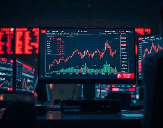 Trading monitor showing Bitcoin price spike with liquidation warning indicators