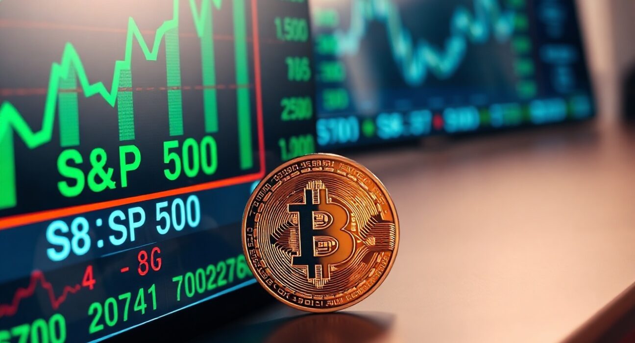 Bitcoin coin in foreground with stock market chart in background