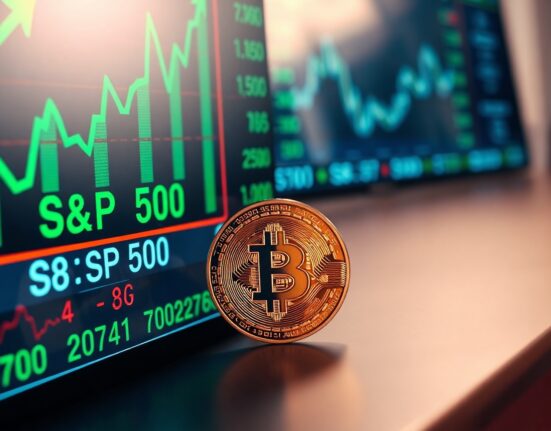 Bitcoin coin in foreground with stock market chart in background