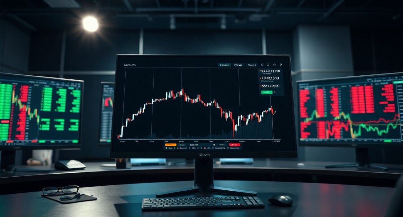 Bitcoin price chart showing sideways consolidation pattern on trading monitors in a professional newsroom setting