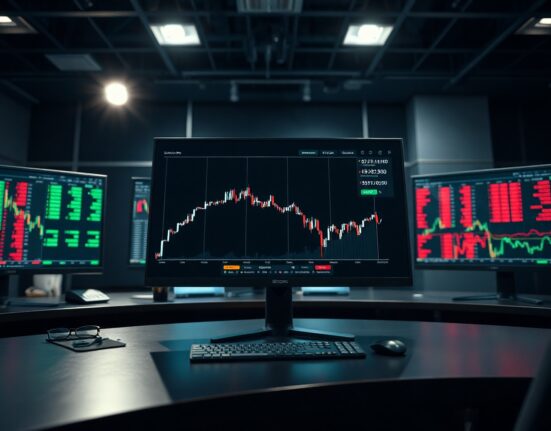 Bitcoin price chart showing sideways consolidation pattern on trading monitors in a professional newsroom setting
