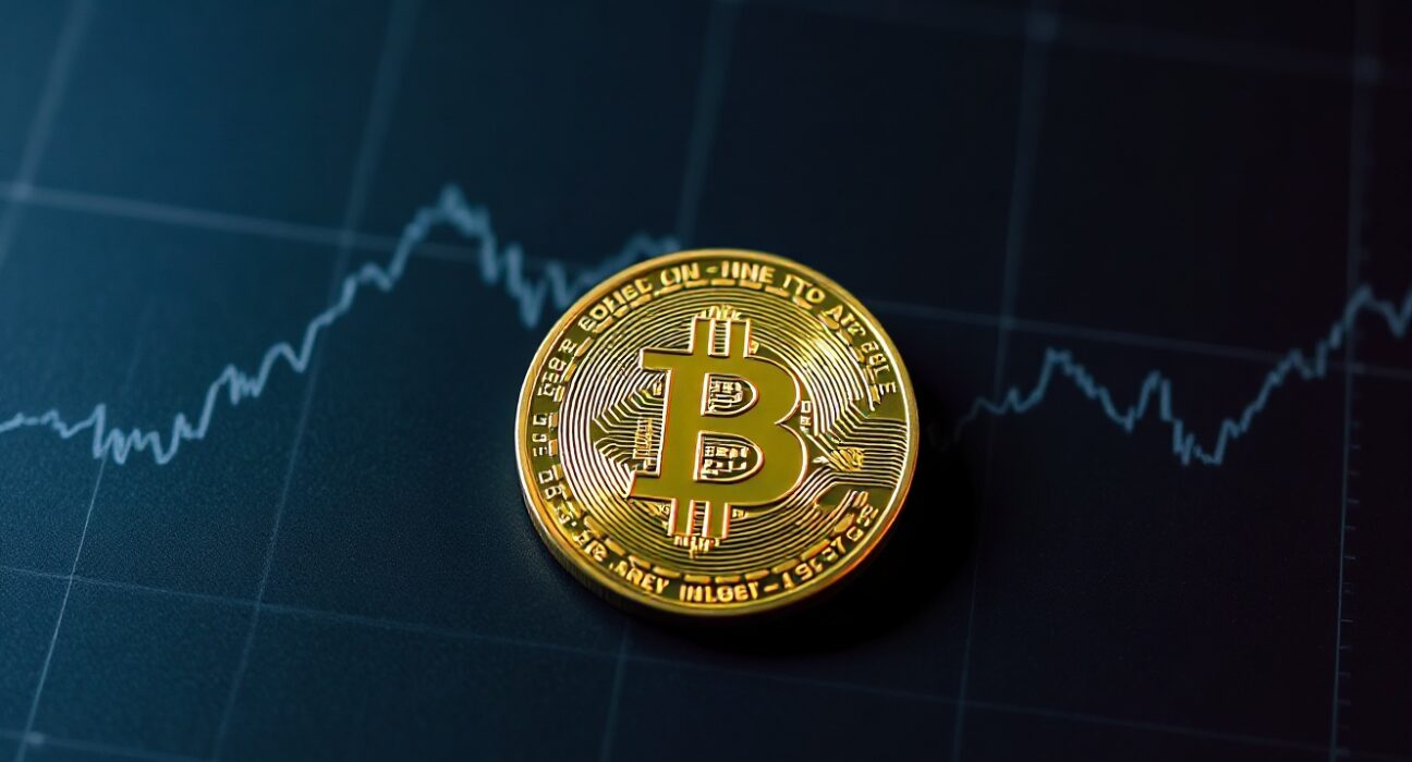 Bitcoin coin on a dark surface with a data grid background, representing market analysis and sideways trading.
