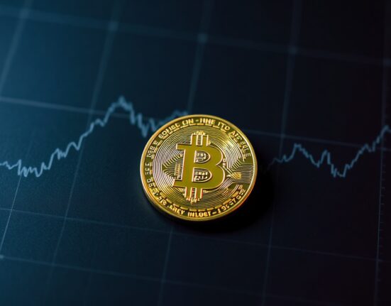 Bitcoin coin on a dark surface with a data grid background, representing market analysis and sideways trading.