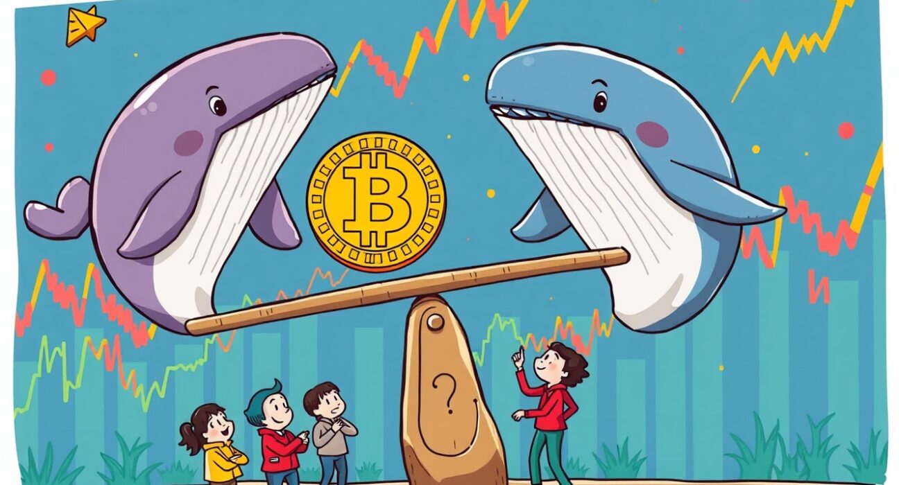 Bitcoin sideways trend illustrated by whales balancing cryptocurrency on market seesaw